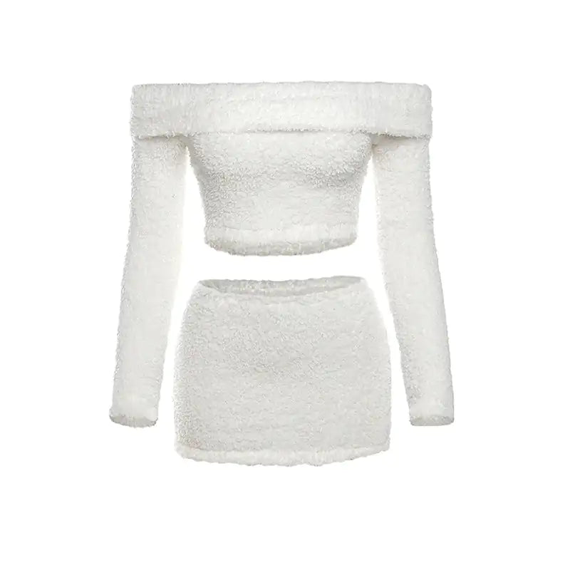 Off-Shoulder Fuzzy Mini Skirt Set