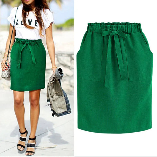 Women's Cotton Elastic Waist Bow Skirt - Summer/Autumn Midi Office Pencil Style (Green)