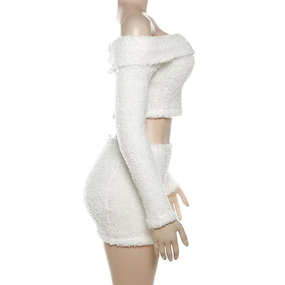 Off-Shoulder Fuzzy Mini Skirt Set