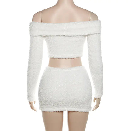 Off-Shoulder Fuzzy Mini Skirt Set